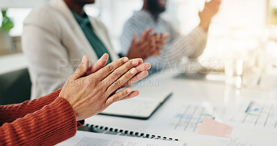 Buy stock photo Clapping hands, success and business people with celebration for goal achievement, target or award. Applause, team and cheering for reward, excellence or good job for accomplishment in office meeting