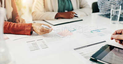 Buy stock photo Hands, documents and business people in office, accounting and meeting with risk management. Employees, feedback or tablet in workplace, budget report or review for profit growth and brainstorming