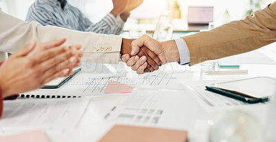 Buy stock photo Business, hands or people with handshake in office for finance partnership, deal or contract offer. Documents, employee and agreement with investor for funding approval, B2B collaboration or applause
