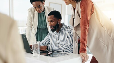Buy stock photo Collaboration, laptop and review with business people in office together for wealth management. Accounting, feedback and finance with employee team at work on computer for portfolio investment