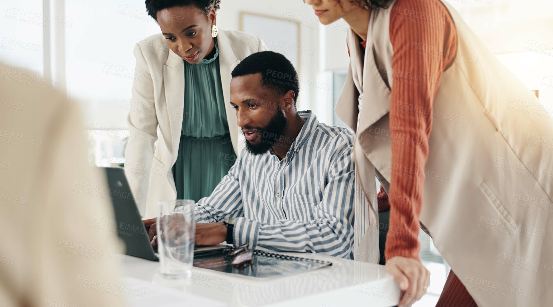 Buy stock photo Collaboration, laptop and review with business people in office together for wealth management. Accounting, feedback and finance with employee team at work on computer for portfolio investment