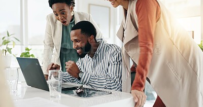 Buy stock photo Fist pump, laptop and success with business people in office together for wealth management. Excited, finance and good news with employee team at work on computer for investment or portfolio growth