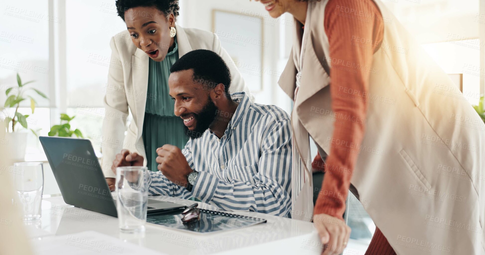 Buy stock photo Fist pump, laptop and success with business people in office together for wealth management. Excited, finance and good news with employee team at work on computer for investment or portfolio growth