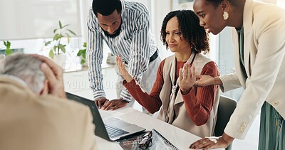 Buy stock photo Business team, laptop and confused in office for error, declined project and group crisis. Company people, tech or upset in agency for design rejection, collaboration mistake or change in regulations