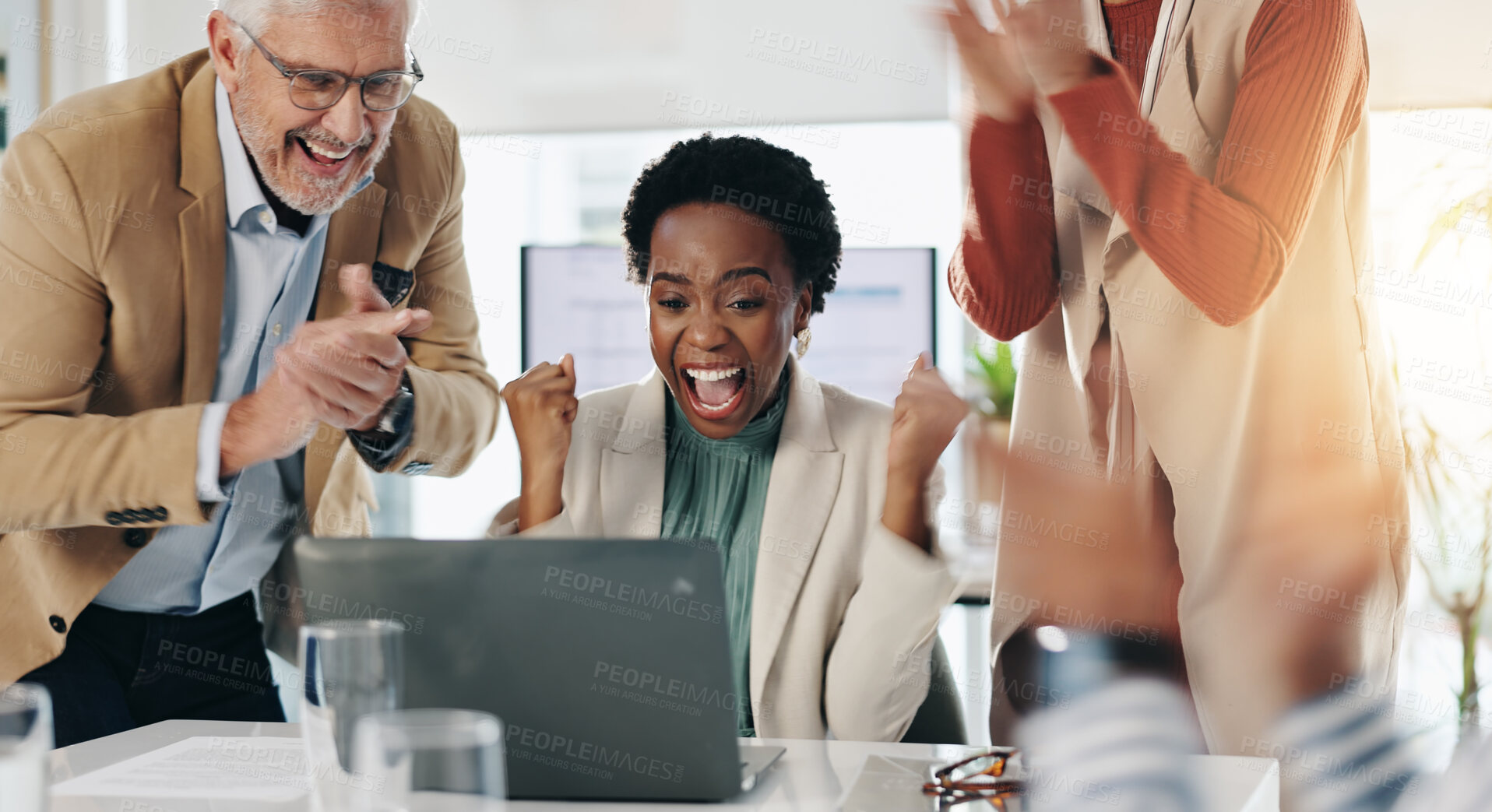 Buy stock photo Business people, laptop and cheering in office for feedback, good news or successful campaign. Excited, marketing team and applause at tech for colleague support, group achievement or positive review