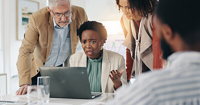 Buy stock photo Bankruptcy, laptop and stress with business people in office together for crisis or problem solving. Computer, debt and mistake with employee team in workplace for reaction to deal failure or loss