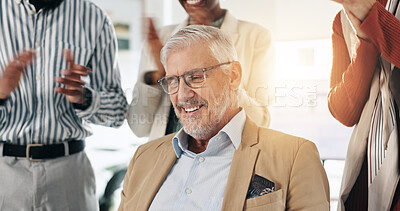 Buy stock photo Clapping, celebration and mature businessman with team for congratulations or praise for achievement. Applause, happy group and success with manager for reward, career recognition and win in office