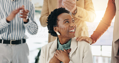 Buy stock photo Applause, success and businesswoman with promotion, congratulations or praise for goal achievement. Clapping hands, happy team and celebration for support, career recognition and well done in office