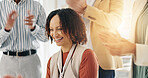 Applause, team celebration and business woman with promotion, bonus or praise for target achievement. Clapping hands, excited group and cheering for support, congratulations and milestone in office