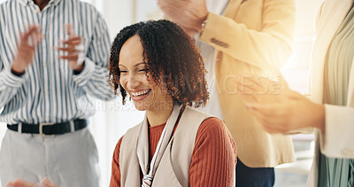 Buy stock photo Applause, team celebration and business woman with promotion, bonus or praise for target achievement. Clapping hands, excited group and cheering for support, congratulations and milestone in office
