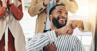 Buy stock photo Businessman, fist bump and team in office for achievement, colleague support and promotion cheer. Employee, company group and applause in workplace with gesture, incentive award and win at lens flare