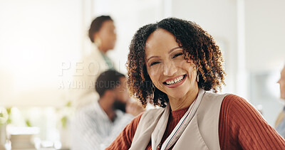 Buy stock photo Portrait, business woman and meeting for training with confidence, smile and ambition in workplace. Employees, team and happy for corporate company growth and skills development at office workshop
