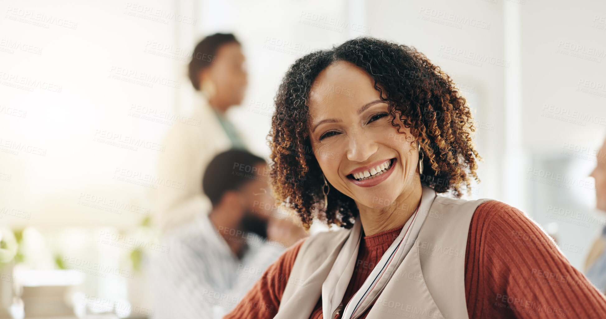 Buy stock photo Portrait, business woman and meeting for training with confidence, smile and ambition in workplace. Employees, team and happy for corporate company growth and skills development at office workshop