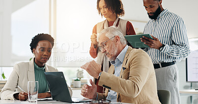 Buy stock photo Laptop, creativity and business people in meeting, planning and feedback for website layout. Group, employees and journalists in workplace, pc or brainstorming for news report, interns or share ideas