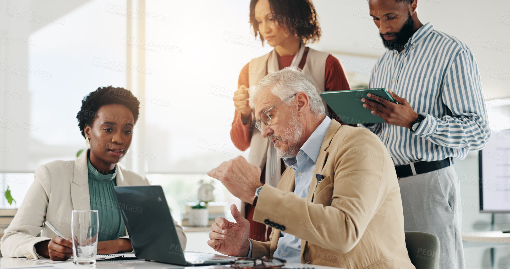 Buy stock photo Laptop, creativity and business people in meeting, planning and feedback for website layout. Group, employees and journalists in workplace, pc or brainstorming for news report, interns or share ideas