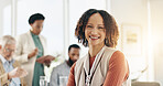 Portrait, business woman and meeting for leadership with confidence, smile and ambition in workplace. Employees, team and happy for corporate company growth and skills development at office workshop