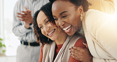 Buy stock photo Celebration, hug and smile with business people in office together for motivation or support. Achievement, applause and success with happy employee team in workplace for bonus, goals or target