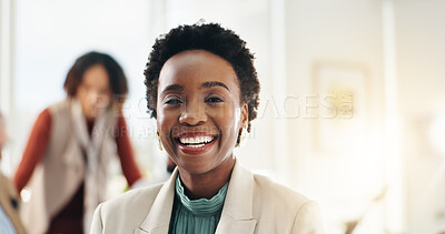 Buy stock photo Portrait, happy woman and business meeting for training with confidence, smile and ambition in workplace. Employees, team and corporate company growth with skills development at office workshop