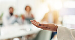 Speaker, hand and presentation with business person in office for meeting, workshop coach and planning. Leadership, training conference and seminar with closeup of employee for team and mentor