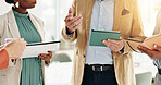 Hands, people and explain in meeting with tablet for planning, feedback and ideas on headline. Staff, brainstorming and digital for article schedule, team project and information of story publication