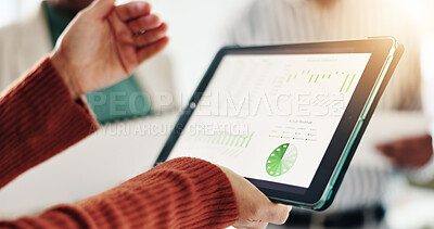 Buy stock photo Meeting, screen and hands with tablet, colleagues and data analysis of revenue, presentation or app. Boardroom, financial analyst and people with tech for business growth, speaker or graph on website