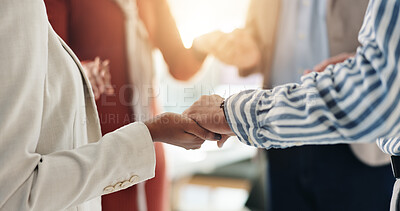 Buy stock photo Business people, collaboration or holding hands in office, team building or support. Group, closeup or employees in workplace, motivation or synergy with cooperation, agreement or corporate community