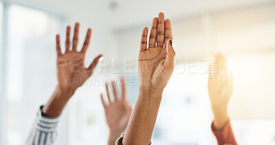 Buy stock photo Hands raised, question and business people in office at meeting, training or employee development. Teamwork, feedback and group of financial advisors with query, vote or support gesture in workplace.