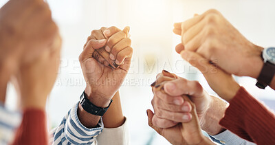 Buy stock photo Holding hands, team and business people in office together for solidarity, collaboration and support. Professional, corporate and workers with gesture for partnership, community and coworking
