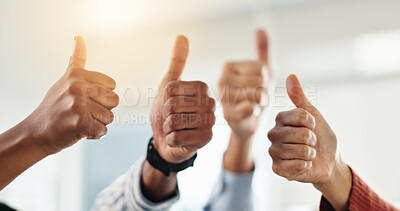 Buy stock photo Thumbs up, collaboration and hands of business people in office for agreement, support and teamwork. Group approval, lens flare and workers with hand gesture, emoji and yes sign for winner or success