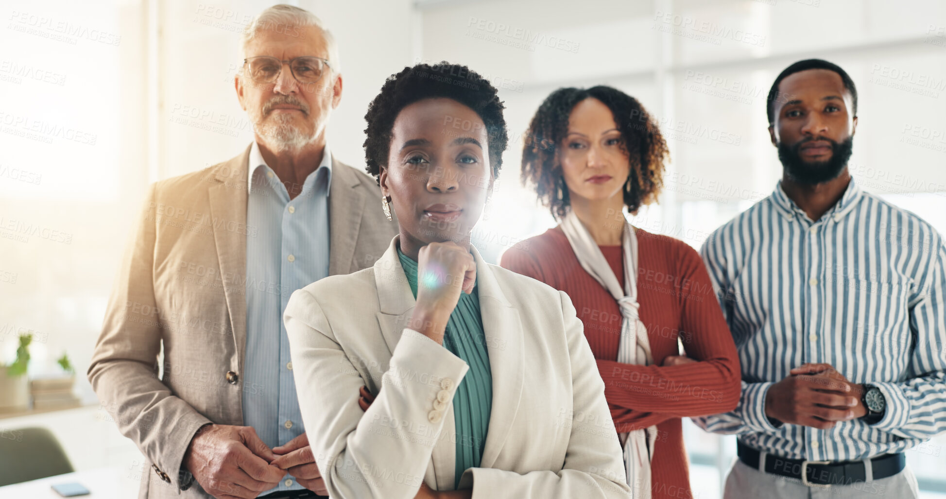Buy stock photo Woman, leader and group in office, portrait or confident for business growth, teamwork and ambition. Corporate, people and pride for collaboration, men or employee in company, together or partnership