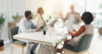Buy stock photo Blur, business people and team discussion in meeting for proposal, solution or investment. Group, planning and collaboration for project briefing, pitch ideas or brainstorming for finance in office