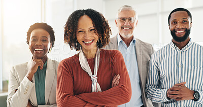 Buy stock photo Woman, leader and group in office, ambition or confident for business growth, teamwork and portrait. Corporate, people and pride for collaboration, men or employee in company, together or partnership