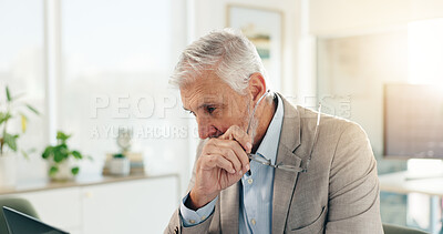 Buy stock photo Business, thinking and man in office, laptop and online reading with economy news. Mature person, accounting and financial consultant in workplace, email and connection with investment website