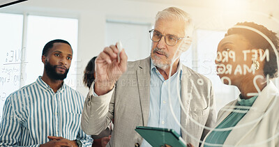 Buy stock photo Strategy, writing on glass or people in office for leadership, planning or brainstorming. Mature mentor, team or business analyst in company with ideas, growth projection or report for development