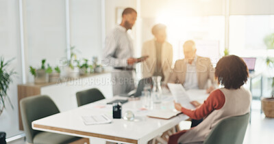 Buy stock photo Blur, business people and group discussion in meeting in office for investment proposal. Team, planning and documents for project briefing, pitch ideas or brainstorming finance strategy with flare