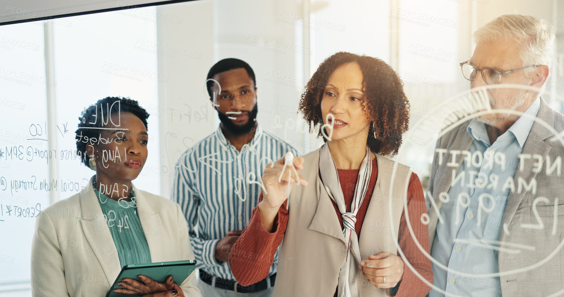 Buy stock photo Writing, ideas and business people with collaboration at glass wall for brainstorming or profit development. Strategy, problem solving and team with notes, moodboard and growth goals in office