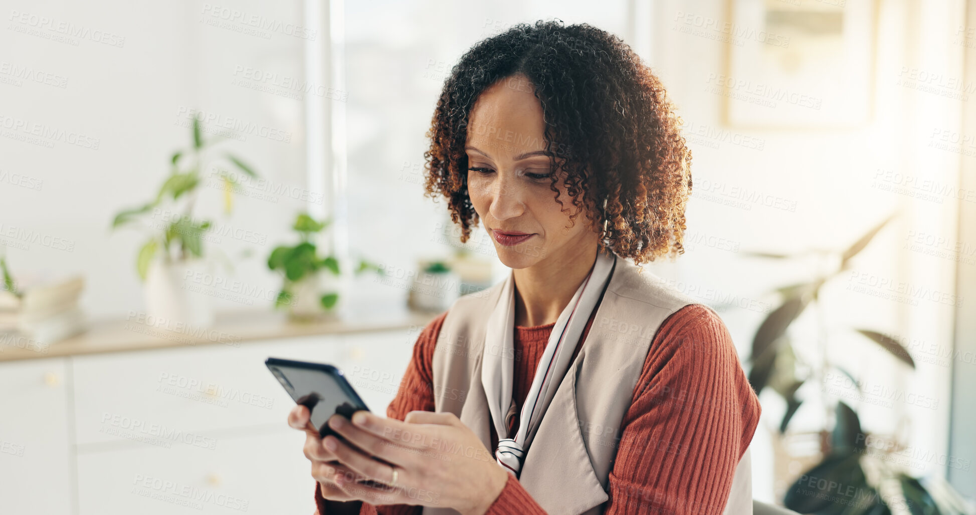 Buy stock photo Woman, phone and texting in office with news, message or notification or search in startup. Online, chat or entrepreneur reading email on mobile app, social media or networking at creative business