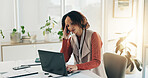 Laptop, headache and business woman with stress, tired and reading email for unemployment. Computer, migraine and employee in office with pain, burnout and overwhelmed with bad news for job loss