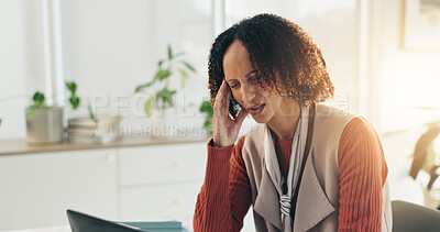 Buy stock photo Office, headache and business woman with pain, tired and stress for pressure with tension. Exhausted, migraine and sick worker with fatigue, burnout and overworked with brain fog for mental health