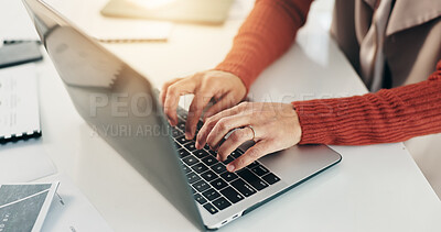 Buy stock photo Business, hands and woman in office, laptop and typing with website info, email and connection. Person, closeup and employee in workplace, keyboard and computer with internet and online schedule