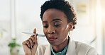 Thinking, ideas and black woman in office for planning creative project for publishing at magazine. Brainstorming, solution and African copywriter with problem solving for article at media agency.