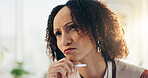 Thinking, ideas and businesswoman in office for planning creative project for publishing at magazine. Brainstorming, smile and female copywriter with problem solving for article at media agency.