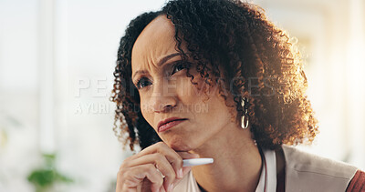 Buy stock photo Thinking, ideas and businesswoman in office for planning creative project for online publishing. Brainstorming, solution and female copywriter with problem solving, decision or choice for article.