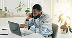 Finance, laptop and phone call with business black man in office for feedback, research or review. Communication, computer and problem solving with accountant at desk in workplace for administration