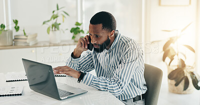 Buy stock photo Finance, laptop and phone call with business black man in office for feedback, research or review. Communication, computer and problem solving with accountant at desk in workplace for administration