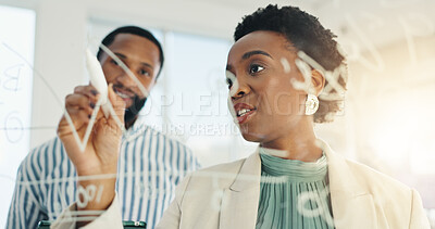 Buy stock photo Strategy, writing on glass or black people in office for meeting, planning or brainstorming. Leader, team or business analyst in company with ideas, growth projection or performance for development