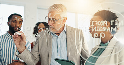 Buy stock photo Strategy, writing on glass or people in office for mentorship, planning or brainstorming. Mature leader, team or business analyst in company with ideas, growth projection or report for development 