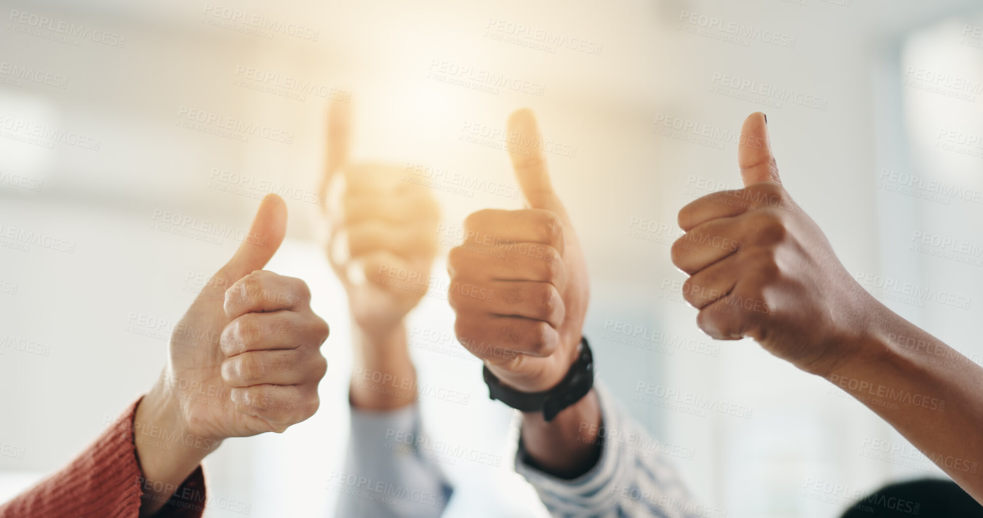 Buy stock photo Thumbs up, collaboration or hands of business people for agreement, support or teamwork in office. Group approval, diversity or workers with gesture, emoji and yes sign for winner or success at flare