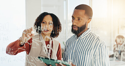 Buy stock photo Planning, writing on glass or people on tablet for teamwork, collaboration or brainstorming. Strategy, company or business analyst in office with ideas, growth projection or report for development