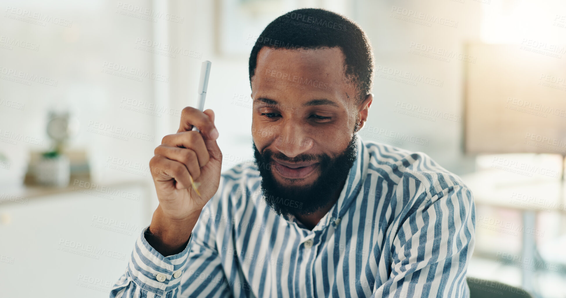Buy stock photo Thinking, ideas and black man in office for planning creative project for publishing at magazine. Brainstorming, smile and African male copywriter with problem solving for article at media agency.
